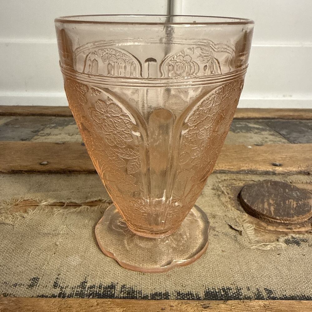 Jeannette Pink Cherry Blossom Depression Glass Footed Scalloped Tumblers